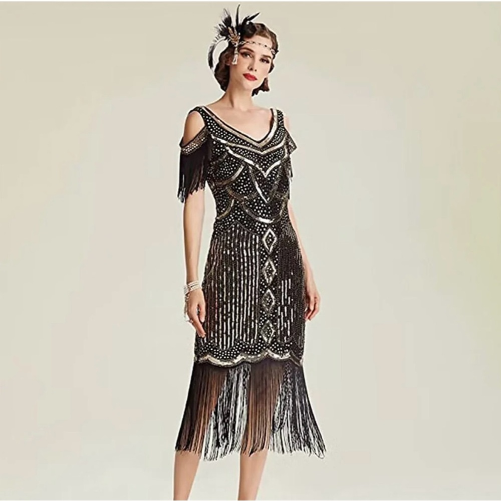 1920’s black and gold sequin dress, size large